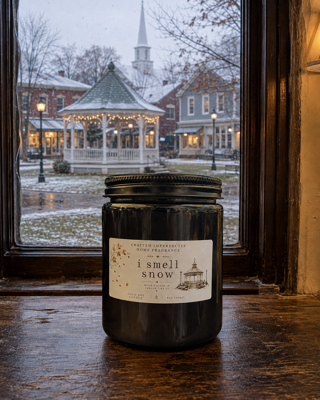 I Smell Snow candle overlooking a snowy small-town gazebo
