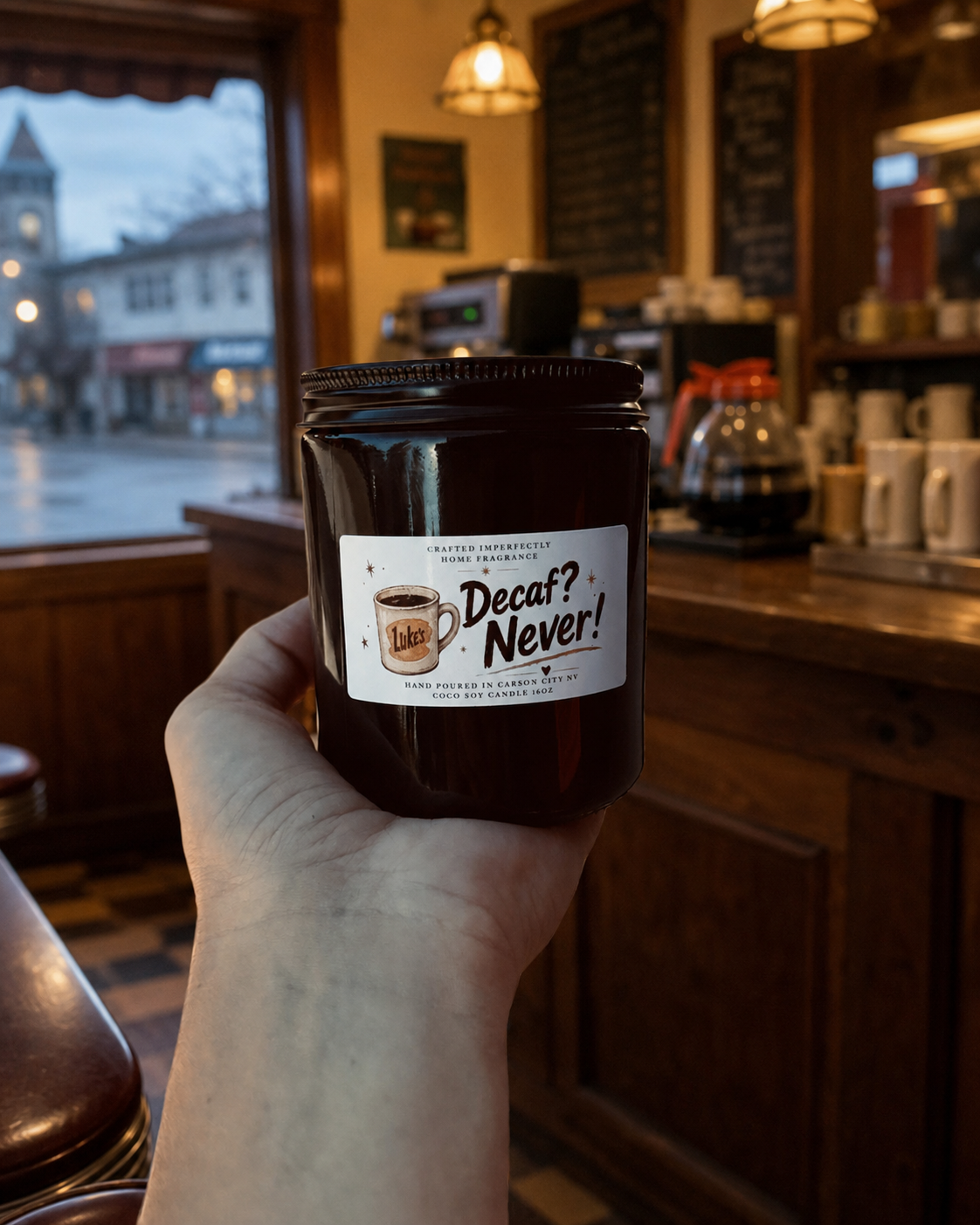 Decaf Never coffee-scented candle in a nostalgic cozy coffee shop